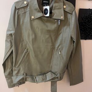 Zenana Outfitters Olive Moto Biker Jacket with Belt